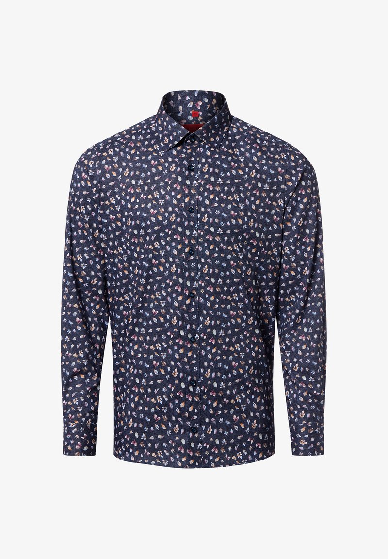 Navy blue button-up shirt with a small floral pattern in pastel colors. Made of fabric with a slightly textured finish. Long sleeves, classic collar.