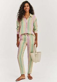 Pásikavý dvojdielny outfit v pastelových farbách, obsahujúci košeľu na gombíky a nohavice na šnúrku. Štruktúrovaný materiál s ľahkým pocitom.