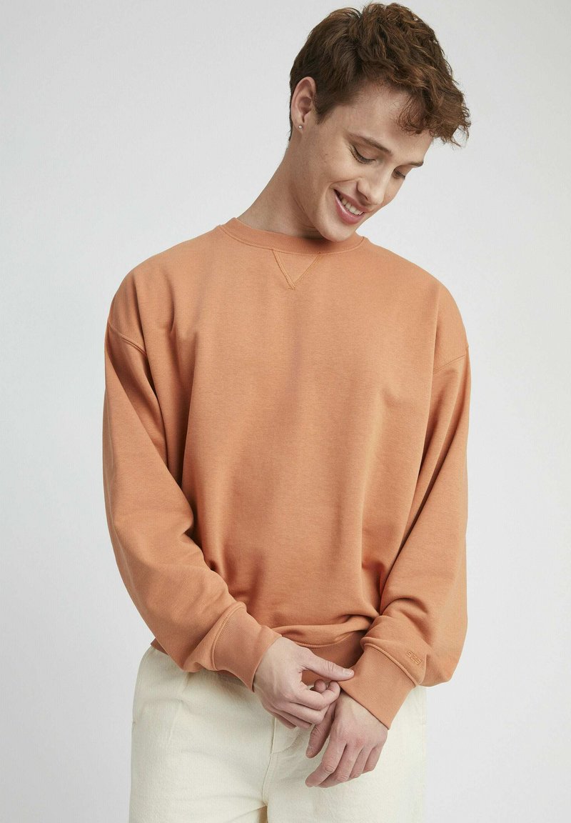 Sweatshirt en tissu doux pêche, présentant un col rond, des épaules tombantes et des poignets côtelés. Notable pour sa coupe décontractée et ses détails minimalistes.