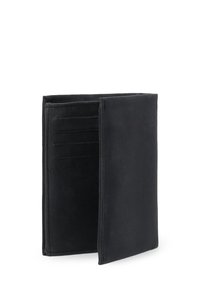 Schwarze Lederbrieftasche mit vertikalem Design, ausgestattet mit mehreren Kartenfächern und einer glatten Textur. Eine geöffnete Ansicht zeigt die Innenfächer.