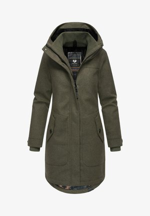 Olive green wool blend coat with a hood, front zip, and two side pockets. Featuring inner patterned lining and ribbed cuffs.
