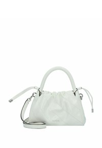 Bolso de mano de imitación cuero blanco acolchado con cierre de cordón, herrajes plateados y correa desmontable. Presenta una textura suave y asas redondeadas.