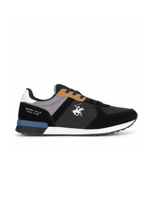 Sneaker Beverly Hills Polo Club nera e grigia con logo bianco, dettaglio color cuoio vicino ai lacci e dettaglio blu sulla suola.