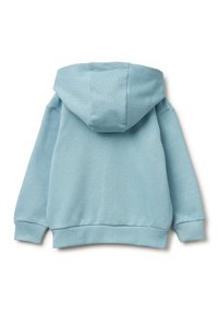 Felpa con cappuccio azzurro chiaro in morbido tessuto, con polsini e orlo ribattuti, e un design semplice e pulito. Nessun logo o motivo visibile.