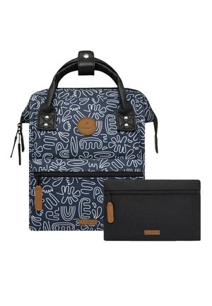 Navy patterned backpack with black leather handles, featuring a front zip pocket and a black zip pouch, both with tan leather accents.
