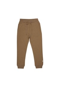 Braune Jogginghose aus Baumwollmischung mit elastischem Bund, Kordelzug, seitlichen Taschen und gerippten Bündchen. Glatte Textur, taillierter Beinschnitt.