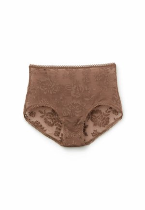 Hoge taille bruin kanten ondergoed met bloemenpatroon en gegolfde randen aan de beenopeningen en tailleband, plat gelegd op een witte achtergrond.