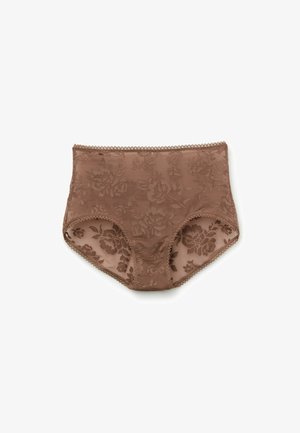 Culotte marron taille haute en dentelle avec un motif floral et des bords festonnés aux ouvertures de jambes et à la taille, posée à plat sur un fond blanc.
