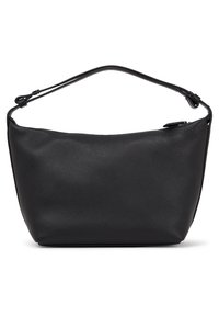 Sort læder håndtaske med en tekstureret overflade, buet form og en enkelt, justerbar skulderrem. Har en lynlåslukning.