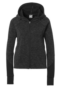 Sudadera negra con cremallera, fabricada en un textil texturizado y melange. Presenta una capucha ajustada, mangas raglán en negro sólido y bolsillos tipo canguro.