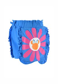 Pantalones cortos azules con un dobladillo con volantes, que presentan un gran diseño de flores en rosa y naranja en el bolsillo delantero. Hechos de una tela suave.