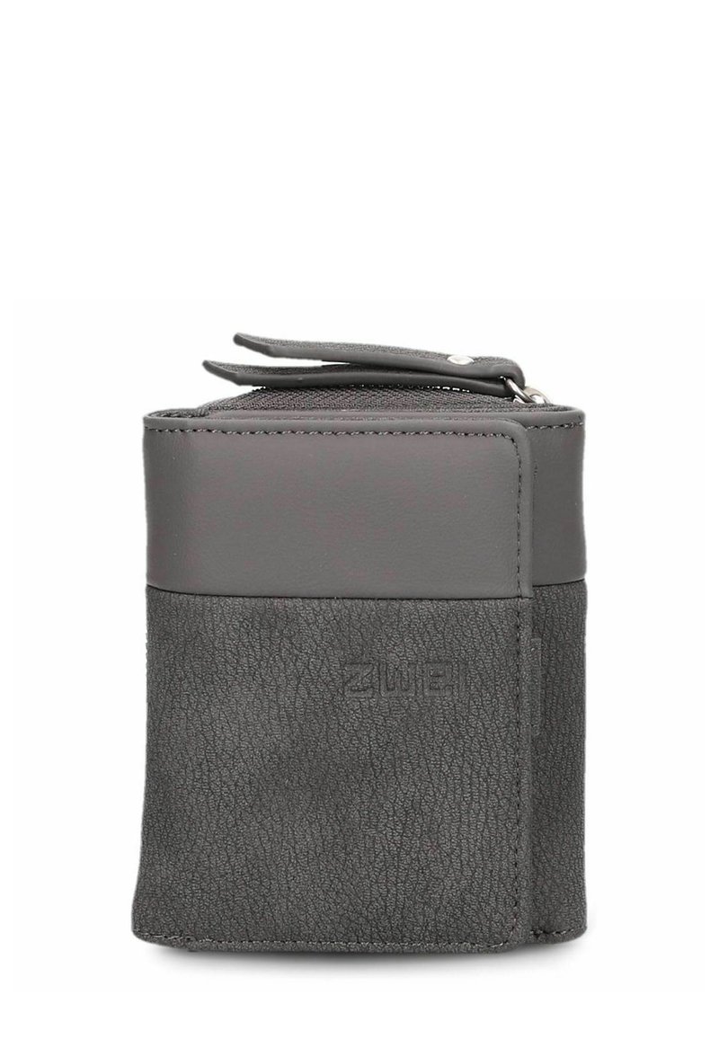 Grijze lederen pouch met een gestructureerde afwerking, met een glad bovenste gedeelte en een ritssluiting. Inclusief een kleine strap voor gemakkelijk hanteren.