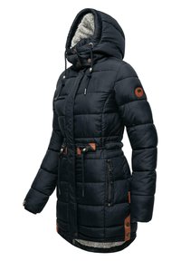 Navy puffer jacket with a faux fur-lined hood, elastic belt, leather accents, and two zippered pockets on the front. Horizontal quilted design.