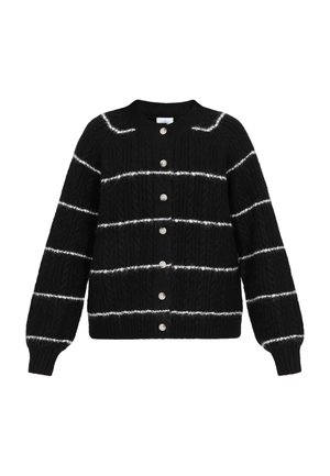 Mustra mustreeritud musta lõngaga kardigan, millel on valged horisontaalsed triibud, ümar kaelus, nööpide sulgemine ning soonikkoes mansetid ja ääred. Pehme, tekstureeritud kangas.