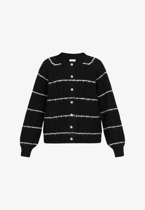 Mustra mustreeritud musta lõngaga kardigan, millel on valged horisontaalsed triibud, ümar kaelus, nööpide sulgemine ning soonikkoes mansetid ja ääred. Pehme, tekstureeritud kangas.