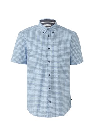 Koszula na krótki rękaw w jasnoniebieskim kolorze z geometrycznym wzorem, z klasycznym kołnierzykiem i czarnymi guzikami z przodu.