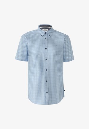 Chemise à manches courtes à boutons, de couleur bleu clair avec un motif géométrique, dotée d'un col classique et de boutons noirs à l'avant.
