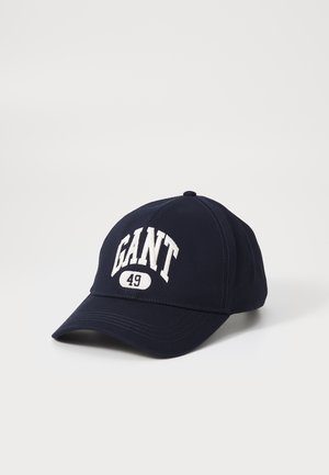 Mørkeblå baseballcaps laget av bomull, med en hvit brodert logo "GANT 49" på forsiden. Bøyd skjerm og sydd detaljering.