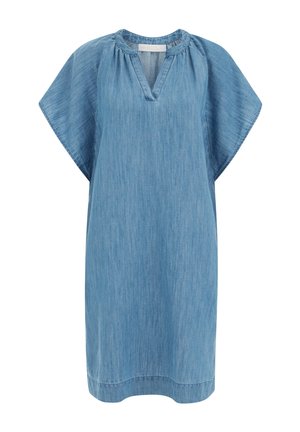 Vestito in denim azzurro a maniche corte con scollo a V e vestibilità ampia e comoda, con un leggero dettaglio arricciato intorno al collo.