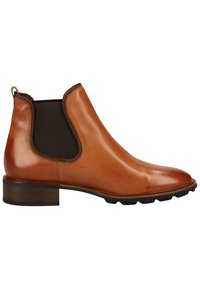 Tan leren Chelsea boots met elastische zijpanelen, trekriem en een lage, gestapelde hak. Gladde oppervlakte en afgeronde teenvorm.