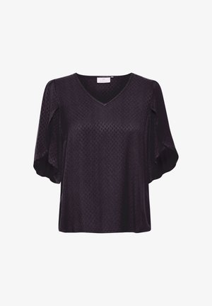 Blusa nera a maniche corte con scollo a V, caratterizzata da una texture a motivo a rombi e un tessuto morbido per una vestibilità comoda.