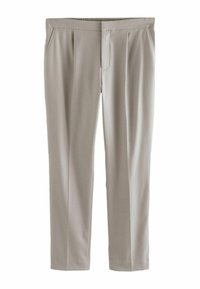 Beige Hosen aus glattem Stoff, mit entspannter Passform, gefalteter Vorderseite, elastischem Bund und Seitentaschen.