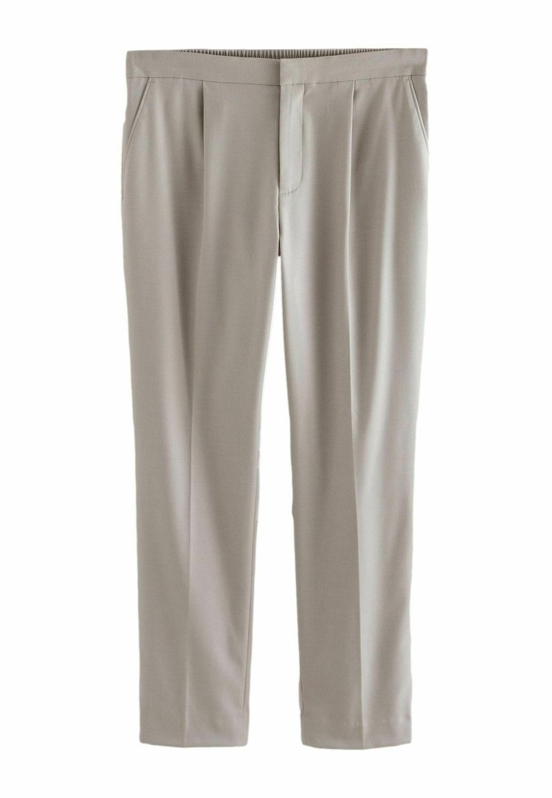 Beige Hosen aus glattem Stoff, mit entspannter Passform, gefalteter Vorderseite, elastischem Bund und Seitentaschen.
