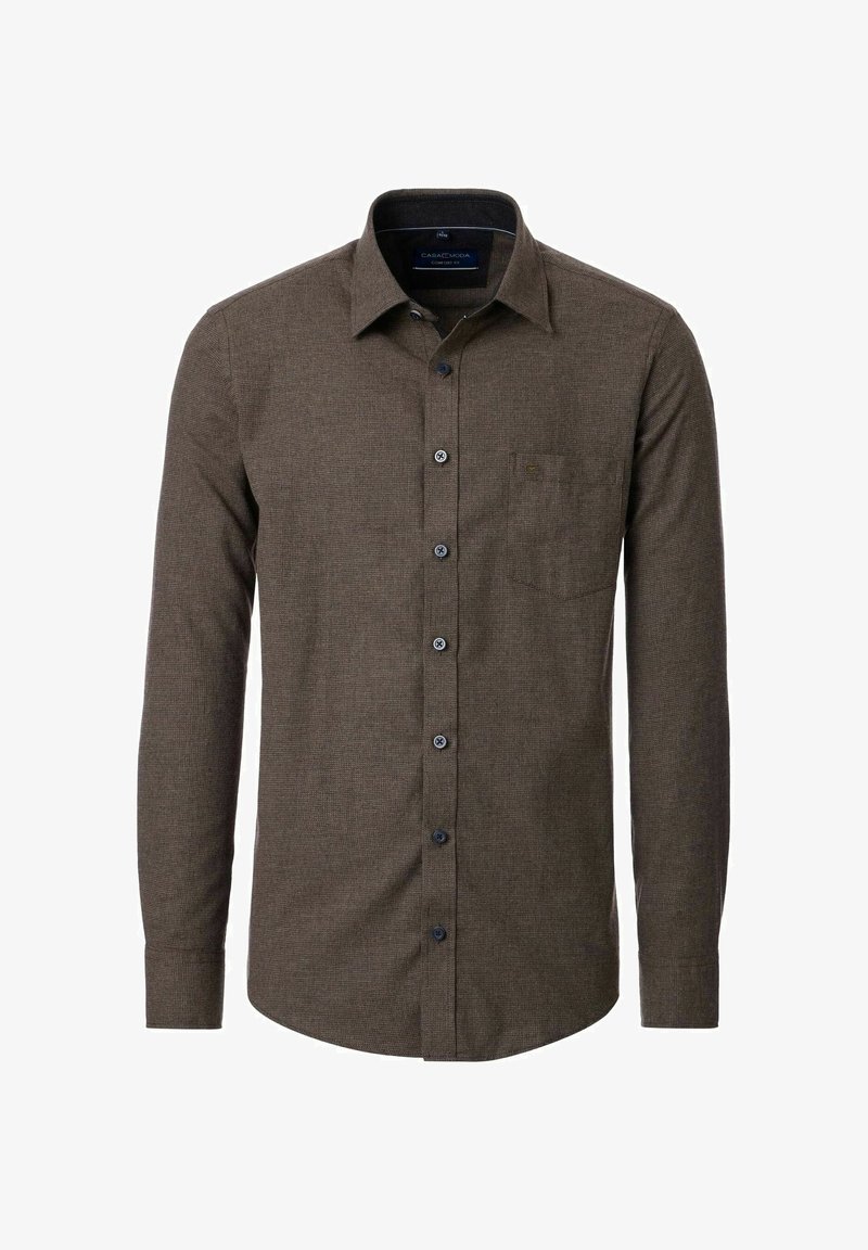 Brązowa koszula z długim rękawem, zapinana na guziki, z kieszonką na piersi, klasycznym kołnierzykiem i subtelnym wzorem teksturalnym.