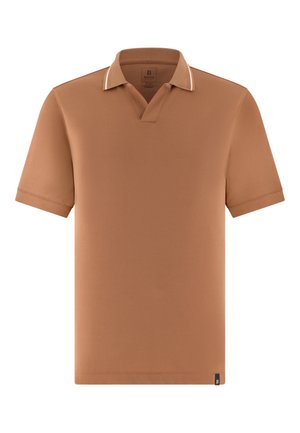 Polo marrone a maniche corte con colletto aperto e piccolo logo nero sull'orlo, esposta su sfondo bianco.
