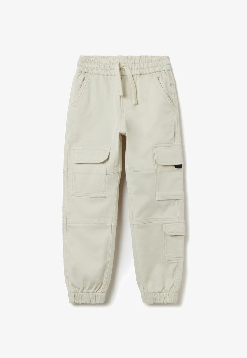 Pantalons cargo beige avec une taille élastique et un cordon de serrage. Présente plusieurs poches latérales et des poignets resserrés. Fabriqué en tissu robuste.