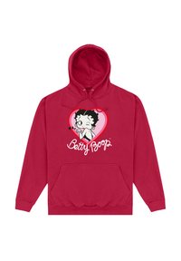 Červená mikina s kapucí, na níž je grafika kreslené postavy ve tvaru srdce s textem "Betty Boop" pod ním. Materiál z bavlny s přední kapsou.