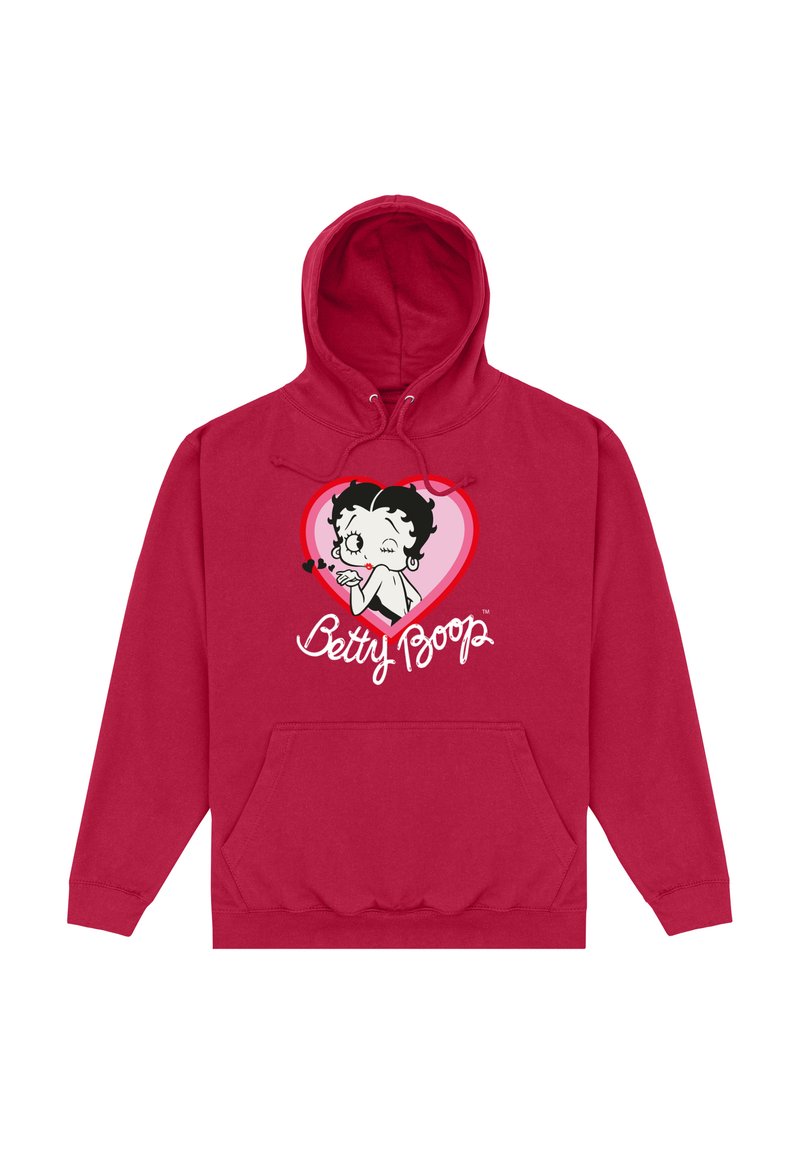 Červená mikina s kapucí, na níž je grafika kreslené postavy ve tvaru srdce s textem "Betty Boop" pod ním. Materiál z bavlny s přední kapsou.