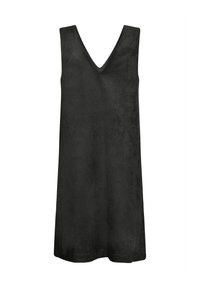 Schwarzes ärmelloses Kleid mit V-Ausschnitt, gefertigt aus einem weichen, wildlederähnlichen Material. Verfügt über einen lockeren, entspannten Schnitt und einen knielangen Saum.