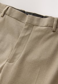 Pantalon beige à rayures avec une texture lisse, doté d'un devant plat et d'une ceinture standard. Coutures visibles et poches incluses.