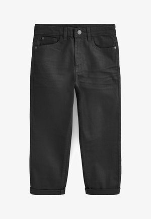 Black denim jeans with a straight fit, featuring five pockets, a front button closure, and cuffed hems. Smooth texture and minimal stitching.