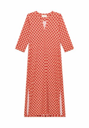 Vestito midi rosso con motivo a diamante bianco, maniche a tre quarti e spacchi laterali, con scollo rotondo e piccolo dettaglio a occhiello.