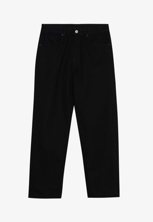 Black denim pants with a straight-leg cut, featuring two front pockets, a button fly closure, and subtle stitching details.