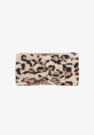 Leopard print headband, made of soft fabric, featuring twisting design, with a beige base, black, and brown patterns. Edges are stitched.