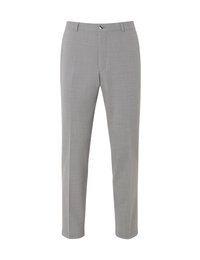 Hellgraue formelle Hose mit Knopf- und Reißverschluss, Gürtelschlaufen und geradem Schnitt vor einem weißen Hintergrund.