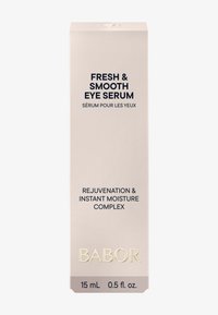 Babor Fresh & Smooth Eye Serum förpackning, ljusrosa låda med svart text, märkt för återfuktning och revitalisering, 15 ml storlek.
