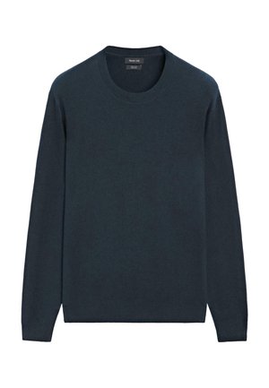 Dunkelblauer Wollpullover mit rundem Ausschnitt, langen Ärmeln sowie gerippten Bündchen an Ärmeln und Saum. Weiche Textur, minimalistisches Design, ohne Muster.