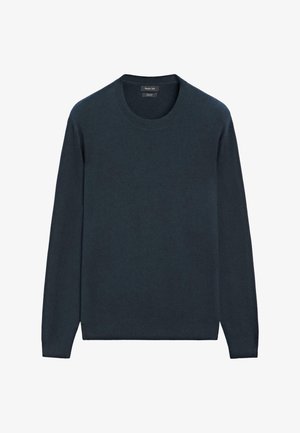 Maglione in lana blu navy scuro con scollo rotondo, maniche lunghe e polsini e orlo a coste. Tessuto morbido, design minimalista, senza motivi.