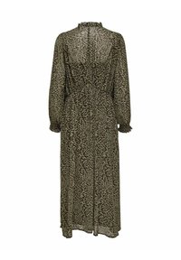 Robe midi à manches longues avec taille cintrée, fond vert foncé et motif clair en forme de feuille.