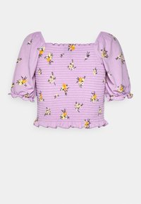 Top de lavanda con mangas abullonadas, diseño fruncido y estampado floral en amarillo y negro. Presenta un dobladillo con volantes y un escote cuadrado.
