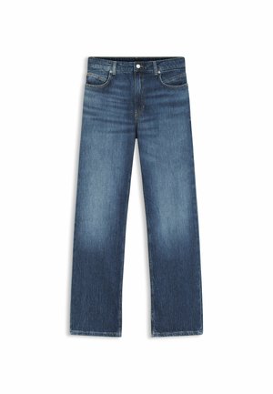 Blauwe rechte spijkerbroek met voorzakken, riemlussen en een knoopsluiting, plat weergegeven op een witte achtergrond.