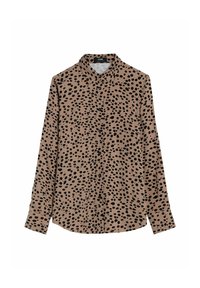 Brązowa koszula z długim rękawem z czarnym wzorem w kropki, zapinana na guziki, z klasycznym kołnierzykiem. Wykonana z gładkiego, lekkiego materiału.