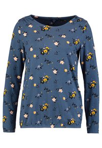 Camicia a maniche lunghe blu realizzata in tessuto morbido, con una stampa floreale nei toni giallo, rosa e blu, dotata di scollo rotondo e orlo arricciato.