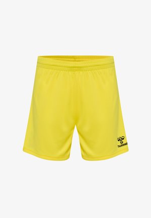 Gule sportsshorts lavet af glat stof. Har en elastisk talje og et lille sort logo på venstre side. Simpelt design uden mønstre.
