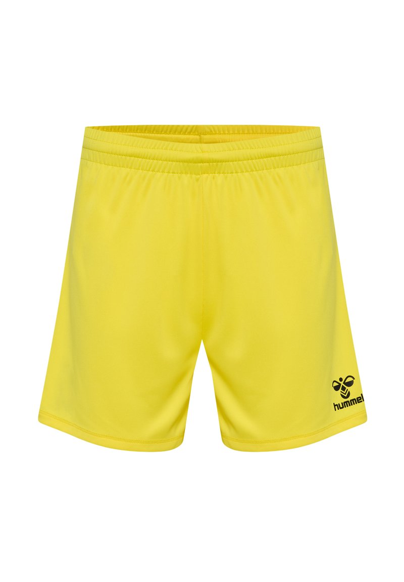 Gula sportshorts i mjukt material. Har ett elastiskt midjeband och en liten svart logotyp på vänster sida. Enkelt mönster, inga tryck.