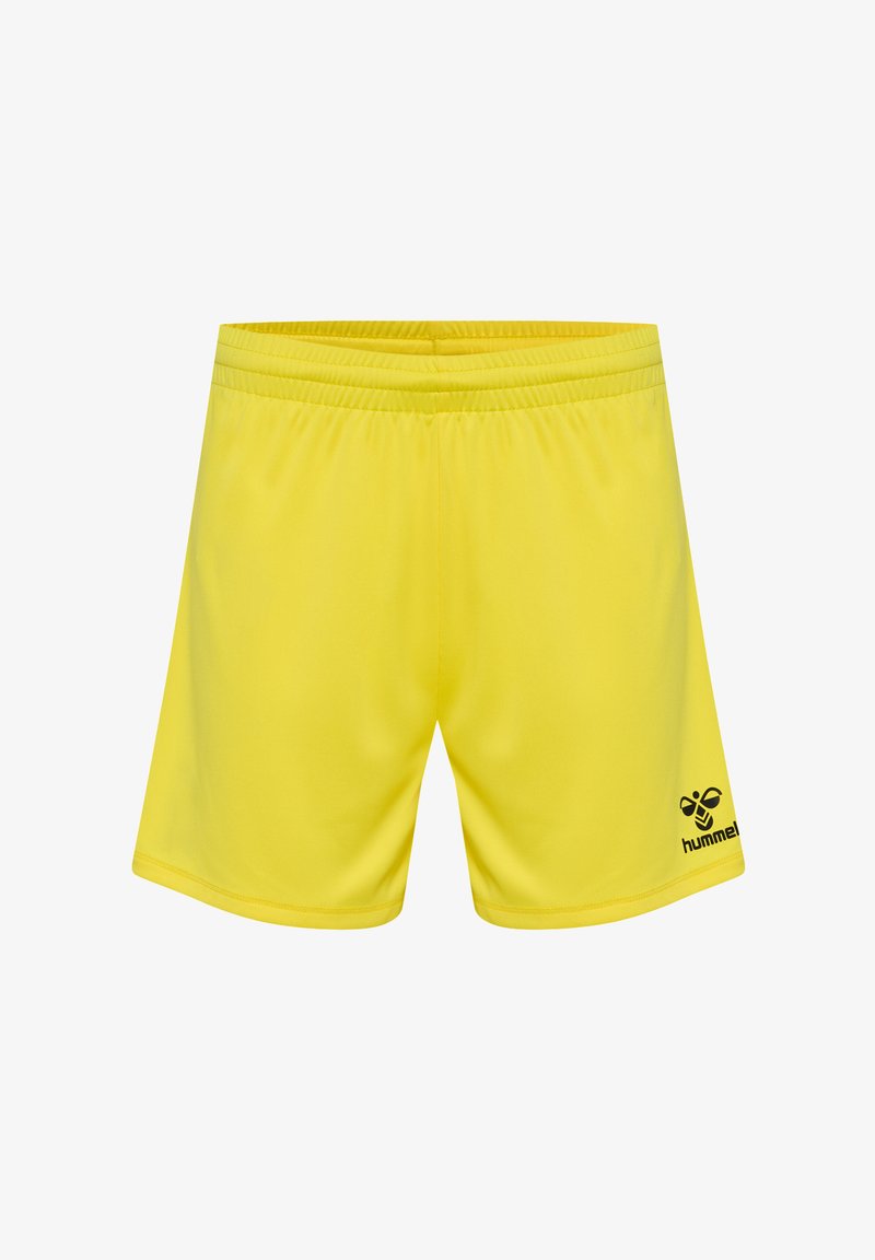 Geel sportshorts gemaakt van gladde stof. Beschikt over een elastische tailleband en een klein zwart logo aan de linkerkant. Eenvoudig ontwerp, zonder patronen.